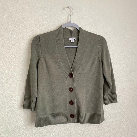 J. Jill V Neck 3/4 Sleeve Button Front Cardigan Sweater XS Eucalyptus Green - Picture 2 of 9